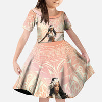 Woman Polynesian Tattoos Family Matching Long Sleeve Bodycon Dress and Hawaiian Shirt Tropical Flower - Peach Fuzz Color LT03 Daughter's Dress Peach Fuzz - Polynesian Pride