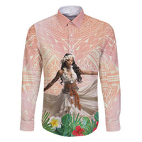 Woman Polynesian Tattoos Family Matching Short Sleeve Bodycon Dress and Hawaiian Shirt Tropical Flower - Peach Fuzz Color LT03 Dad's Shirt - Long Sleeve Peach Fuzz - Polynesian Pride