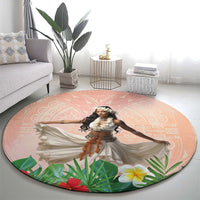 Woman Polynesian Tattoos Round Carpet Tropical Flower - Peach Fuzz Color