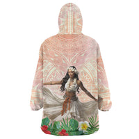 Woman Polynesian Tattoos Wearable Blanket Hoodie Tropical Flower - Peach Fuzz Color