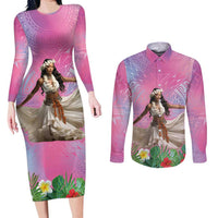 Woman Polynesian Tattoos Couples Matching Long Sleeve Bodycon Dress and Long Sleeve Button Shirt Tropical Flower - Sweets Vibrant Color LT03 Vibrant Gradient - Polynesian Pride