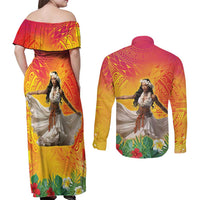 Woman Polynesian Tattoos Couples Matching Off Shoulder Maxi Dress and Long Sleeve Button Shirt Tropical Flower - Vibrant Hot Color LT03 - Polynesian Pride