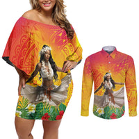 Woman Polynesian Tattoos Couples Matching Off Shoulder Short Dress and Long Sleeve Button Shirt Tropical Flower - Vibrant Hot Color LT03 Vibrant Gradient - Polynesian Pride