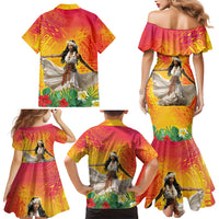 Woman Polynesian Tattoos Family Matching Mermaid Dress and Hawaiian Shirt Tropical Flower - Vibrant Hot Color LT03 - Polynesian Pride