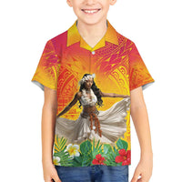 Woman Polynesian Tattoos Family Matching Off Shoulder Short Dress and Hawaiian Shirt Tropical Flower - Vibrant Hot Color