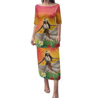 Woman Polynesian Tattoos Family Matching Puletasi and Hawaiian Shirt Tropical Flower - Vibrant Hot Color LT03 Mom's Dress Vibrant Gradient - Polynesian Pride