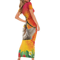 Woman Polynesian Tattoos Family Matching Short Sleeve Bodycon Dress and Hawaiian Shirt Tropical Flower - Vibrant Hot Color LT03 - Polynesian Pride