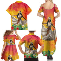 Woman Polynesian Tattoos Family Matching Summer Maxi Dress and Hawaiian Shirt Tropical Flower - Vibrant Hot Color