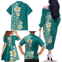 Plumeria Family Matching Off The Shoulder Long Sleeve Dress and Hawaiian Shirt Polynesian Tribal Frangipani Teal