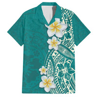 Plumeria Family Matching Short Sleeve Bodycon Dress and Hawaiian Shirt Polynesian Tribal Frangipani Teal LT03 Dad's Shirt - Short Sleeve Teal - Polynesian Pride
