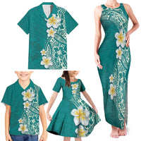 Plumeria Family Matching Tank Maxi Dress and Hawaiian Shirt Polynesian Tribal Frangipani Teal