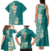 Plumeria Family Matching Tank Maxi Dress and Hawaiian Shirt Polynesian Tribal Frangipani Teal
