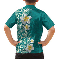 Plumeria Kid Hawaiian Shirt Polynesian Tribal Frangipani Teal