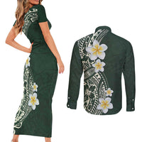 Plumeria Couples Matching Short Sleeve Bodycon Dress and Long Sleeve Button Shirt Polynesian Tribal Frangipani Green