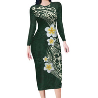 Plumeria Family Matching Long Sleeve Bodycon Dress and Hawaiian Shirt Polynesian Tribal Frangipani Green LT03 Mom's Dress Green - Polynesian Pride