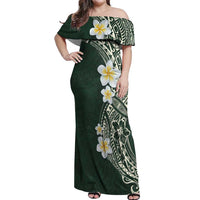 Plumeria Off Shoulder Maxi Dress Polynesian Tribal Frangipani Green