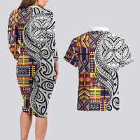 Niue Hiapo and Maori Decoration Tattoos Couples Matching Long Sleeve Bodycon Dress and Hawaiian Shirt - Polynesian Pride