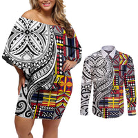 Niue Hiapo and Maori Decoration Tattoos Couples Matching Off Shoulder Short Dress and Long Sleeve Button Shirt - Polynesian Pride