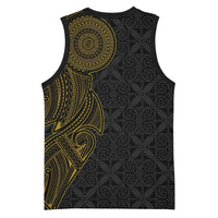 Niue Polynesian Hiapo Tattoo Art Basketball Jersey Half Style Black Gold Color - Polynesian Pride