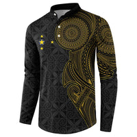 Niue Polynesian Hiapo Tattoo Art Button Sweatshirt Half Style Black Gold Color - Polynesian Pride
