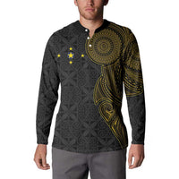 Niue Polynesian Hiapo Tattoo Art Button Sweatshirt Half Style Black Gold Color - Polynesian Pride