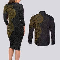 Niue Polynesian Hiapo Tattoo Art Couples Matching Long Sleeve Bodycon Dress and Long Sleeve Button Shirt Half Style Black Gold Color - Polynesian Pride