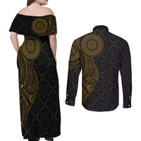 Niue Polynesian Hiapo Tattoo Art Couples Matching Off Shoulder Maxi Dress and Long Sleeve Button Shirt Half Style Black Gold Color - Polynesian Pride