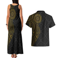 Niue Polynesian Hiapo Tattoo Art Couples Matching Tank Maxi Dress and Hawaiian Shirt Half Style Black Gold Color - Polynesian Pride