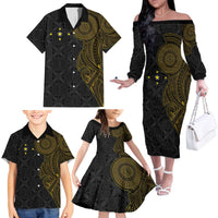 Niue Polynesian Hiapo Tattoo Art Family Matching Off The Shoulder Long Sleeve Dress and Hawaiian Shirt Half Style Black Gold Color - Polynesian Pride
