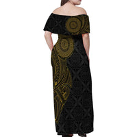 Niue Polynesian Hiapo Tattoo Art Family Matching Off Shoulder Maxi Dress and Hawaiian Shirt Half Style Black Gold Color - Polynesian Pride
