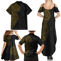Niue Polynesian Hiapo Tattoo Art Family Matching Summer Maxi Dress and Hawaiian Shirt Half Style Black Gold Color - Polynesian Pride