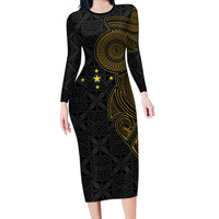 Niue Polynesian Hiapo Tattoo Art Long Sleeve Bodycon Dress Half Style Black Gold Color - Polynesian Pride
