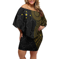 Niue Polynesian Hiapo Tattoo Art Off Shoulder Short Dress Half Style Black Gold Color - Polynesian Pride