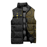 Niue Polynesian Hiapo Tattoo Art Sleeveless Puffer Jacket Half Style Black Gold Color - Polynesian Pride