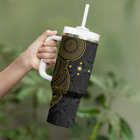 Niue Polynesian Hiapo Tattoo Art Tumbler With Handle Half Style Black Gold Color - Polynesian Pride