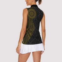 Niue Polynesian Hiapo Tattoo Art Women Sleeveless Polo Shirt Half Style Black Gold Color - Polynesian Pride