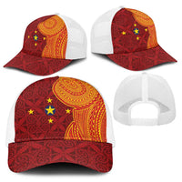Niue Polynesian Hiapo Tattoo Art Baseball Net Cap Half Style Red Yellow Color - Polynesian Pride
