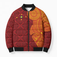 Niue Polynesian Hiapo Tattoo Art Bomber Puffer Jacket Half Style Red Yellow Color - Polynesian Pride
