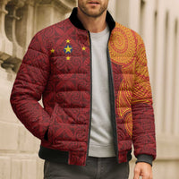 Niue Polynesian Hiapo Tattoo Art Bomber Puffer Jacket Half Style Red Yellow Color - Polynesian Pride