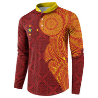 Niue Polynesian Hiapo Tattoo Art Button Sweatshirt Half Style Red Yellow Color - Polynesian Pride