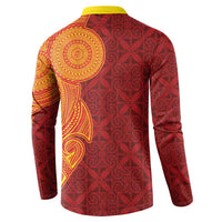 Niue Polynesian Hiapo Tattoo Art Button Sweatshirt Half Style Red Yellow Color - Polynesian Pride