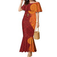 Niue Polynesian Hiapo Tattoo Art Family Matching Mermaid Dress and Hawaiian Shirt Half Style Red Yellow Color - Polynesian Pride