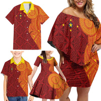 Niue Polynesian Hiapo Tattoo Art Family Matching Off Shoulder Short Dress and Hawaiian Shirt Half Style Red Yellow Color - Polynesian Pride