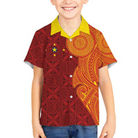 Niue Polynesian Hiapo Tattoo Art Family Matching Off Shoulder Short Dress and Hawaiian Shirt Half Style Red Yellow Color - Polynesian Pride