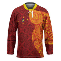 Niue Polynesian Hiapo Tattoo Art Hockey Jersey Half Style Red Yellow Color - Polynesian Pride
