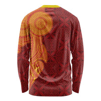 Niue Polynesian Hiapo Tattoo Art Long Sleeve Shirt Half Style Red Yellow Color - Polynesian Pride