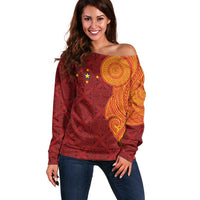 Niue Polynesian Hiapo Tattoo Art Off Shoulder Sweater Half Style Red Yellow Color - Polynesian Pride
