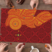 Niue Polynesian Hiapo Tattoo Art Puzzle Half Style Red Yellow Color - Polynesian Pride