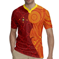 Niue Polynesian Hiapo Tattoo Art Rugby Jersey Half Style Red Yellow Color - Polynesian Pride