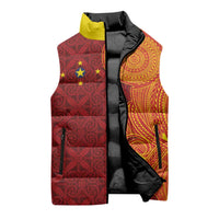 Niue Polynesian Hiapo Tattoo Art Sleeveless Puffer Jacket Half Style Red Yellow Color - Polynesian Pride